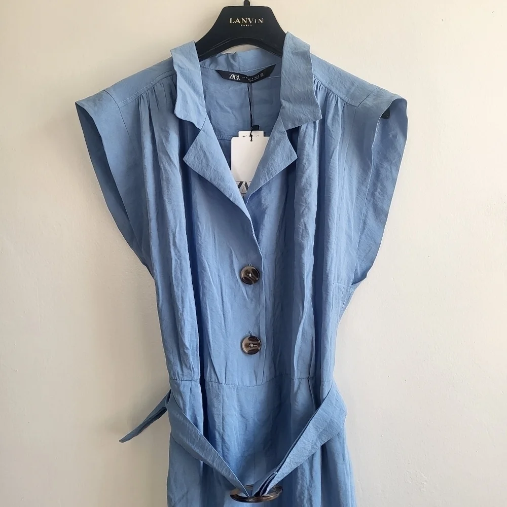 New Zara Soft Belted Blue Jumpsuit NWT Size Small